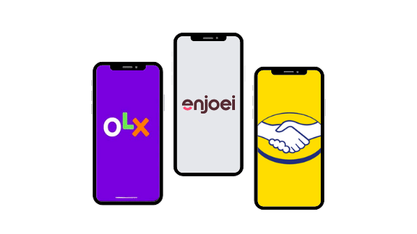 Tela inicial com o logo das plataformas OLX, Enjoei e Mercado Livre
